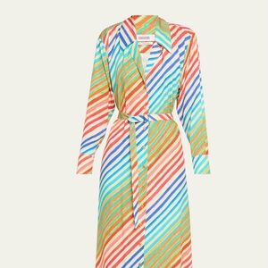 Rainbow Striped Waist-Tie Bias Midi Shirtdress - NWT